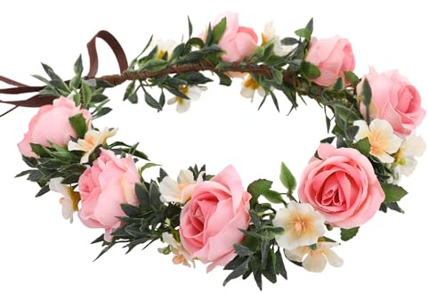 PartyforU Blumenkranz Haare Elfenohren Elfen Feen Kostüm Damen Pink Flower Crown Kopfschmuck Einstellbar Faschingskostüme Karneval Renaissance Geburtstag Hochzeitsfeier Accessoires