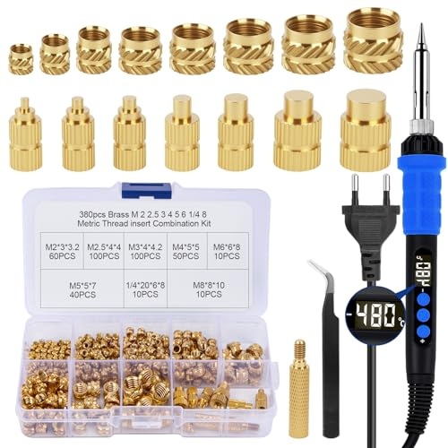 Set di 390 inserti filettati per saldatura, 90 W, temperatura regolabile, saldatore con 380 inserti filettati M2-M8,8, punte per filettatura 3D