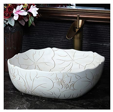 Lavandino da appoggio per Bagno, Quadrato, 15,7 x 15,7 con Motivo a Loto Intagliato a Mano, Vintage, sopra Il Piano, in Porcellana Bianca, in Ceramica, per lavabo Artistico