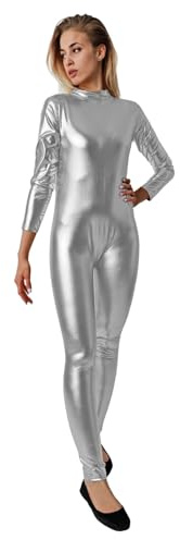 Dysmad Costumizate! Monos Enteros de cuerpo completo de manga larga elásticos metálicos para mujer adulta color Plata. (L)