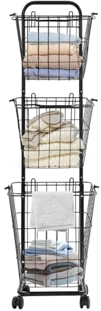 QUIOTUIR Panier à Linge à Roulettes à 3 Niveaux en Métal Amovibles Corbeille à Linge Sale avec Crochets Laundry Basket pour Range Vêtements Sales, Livres, Collations, Légumes, Fruits (Noir)
