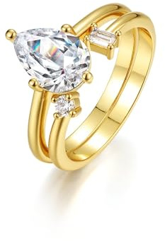 Whoiy Damen Ring Gelbgold mit Moissanite 2ct, Trauringe 585 Echtgold 2 Stück Verlobungsringe 14 Karat Gold Solitär Damenringe Größe 63 (20.1)