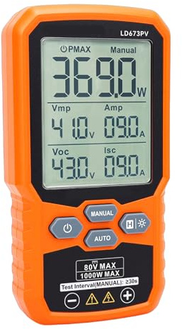 Jectse Testeur de Panneau Solaire, Multimètre de Panneau Photovoltaïque MPPT 1000 W 80 V 35 A avec écran LCD rétroéclairé et Maintien des Données, pour la Vérification dans la
