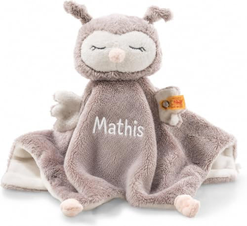 STEIFF Soft Cuddly Friends Ollie Eule Schmusetuch mit Namen Bestickt, Baby & Kleinkinder Spielkamerad & Einschlafhilfe, Kuscheltuch Schnuffeltuch Geschenkidee personalisiert