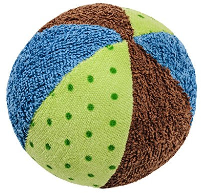 Efie Rassel Ball klein – Babyspielzeug aus Bio-Baumwolle, blau-braun-grün, weicher Babyball mit Rassel, schadstofffrei & nachhaltig, 100 % Made in Germany