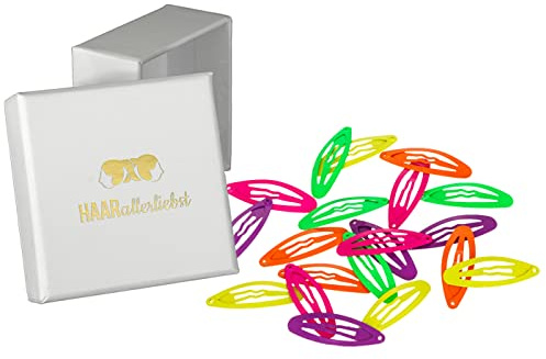 Haarallerliebst Haarspangen klein für Kinder – 20 Stück oval in neon Farben (3,7 cm) inkl. Aufbewahrungsbox weiss – Ideal für dünnes, feines Haar