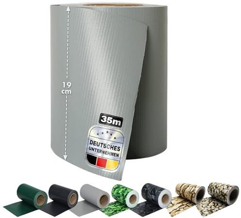 Floordirekt Sichtschutzstreifen 19 cm x 35 m mit Befestigungsclipse | Sichtschutzfolie | Windschutz | Stabmattenzaun | Gartenzaun | Blickdicht | Für Gittermatten-Zäune | (Grau)