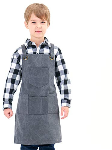 NEOVIVA Work Apron with Pockets, Woodworking Aprons for Kids, Canvas Tools Apron Adjustable M to XXXL Cross Back for Barber, Kitchen, Garden, Pottery, Garage, Craft Workshop, School, Frost Gray