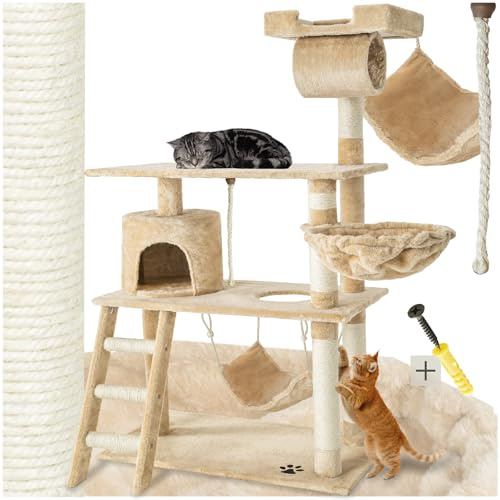 tectake Katzen Kratzbaum, Katzenbaum, Kletterbaum, 141cm hoch, Katzenhaus Indoor mit Hängematte, Höhle, Spielseil und Treppe, Plüsch Sisal, Katzen Kratzmöbel mit Spielzeug, extra breit - beige