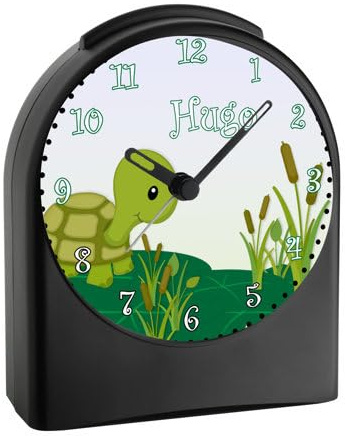 CreaDesign, WU-50-1085, Schildkröte, analog Kinderwecker schwarz, Funkwecker ohne Ticken, mit Licht, personalisiert mit Namen, 9,6 x 5,5 x 11,9 cm, 104 g