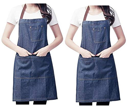 JZK 2 x Mezclilla Delantales de Cocinero Ajustables con Bolsillos Grandes para Mujer Hombre para cocinar Hornear BBQ Parrilla Pintura Delantal de Chef Barman