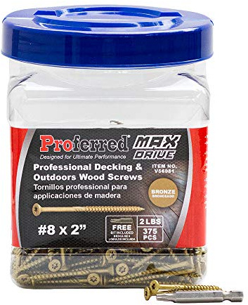 Proferred Professional Decking & Outdoors Wood Screws, Bronze SKT® Coating - 1500 Hour Salt Spray, #8 X 2, 6 Lobe 20 Drive (375pcs with 1 Bit in Jar) Model Number: V56081