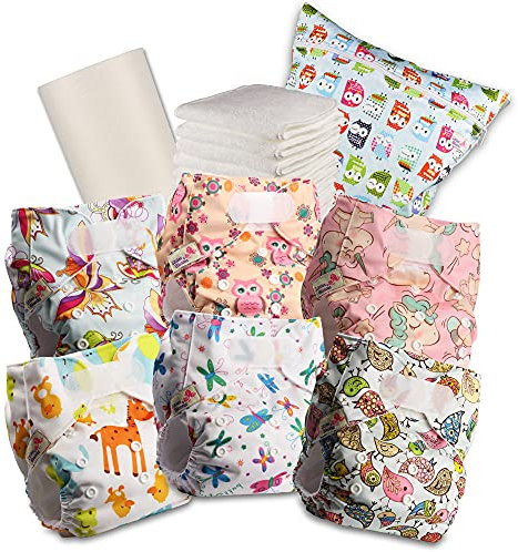 Littles & Bloomz 603VM6 Wiederverwendbare Windel mit Klettverschluss, 6 Windeln + 6 Einlagen, 1 Einweg-Bambuseinlage, 1 Feuchtwindeltasche
