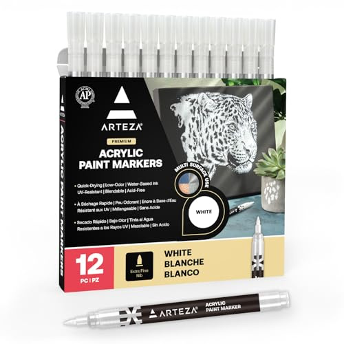 ARTEZA Acrylic Paint Markers, Set of 12 White Acrylic Paint Pen, Art Markers for Glass, Pottery, Ceramic, Plastic, Rocks, and Canvas