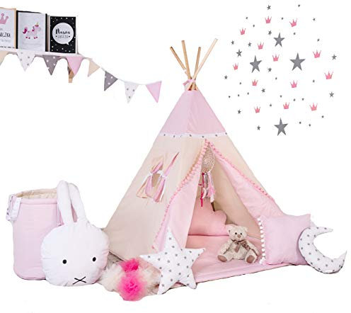 Rainbow Kids Tipi Zelt für Kinder | Baumwollsegeltuch Tippi Kinderzelt, Mehrere Muster und Farben mit und ohne Spielzubehör für Outdoor- und Indoor-Kinderspaß (Kleine Königin, mit Zubehör)