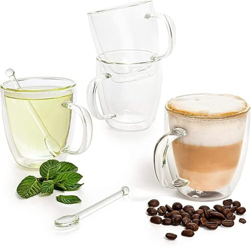Moss & Stone Set of 4 Double Wall Glass Cup Clear Mug, Double Walled Coffee Mugs 7.4 Oz, Glass Tea Mugs, Insulated Coffee Mug With Handle & 2 Glass Spoons, Cappuccino Cups Set