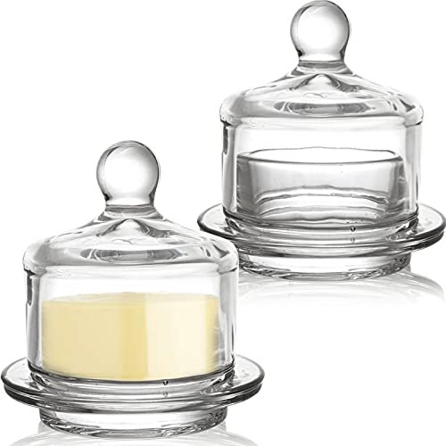 Dicunoy 2 Pack Glass Butter Dish with Lid, Small Round Keeper with Dome Lid, Mini Cloche Holder with Lid, Clear Serving Container with Cover, Crystal Mini Cloche for Candy, Dessert, Parfait, Jam