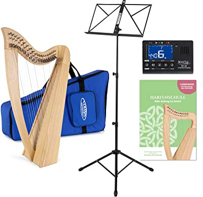 Classic Cantabile H-19 Keltische Harfe Set - Celtic Harp mit Halbtonmechanik - 19 Saiten - In Es-Dur gestimmt - inkl. Tasche, Schule, Notenständer und Metro-Tuner & 2 Stimmschlüssel - Höhe: 73 cm