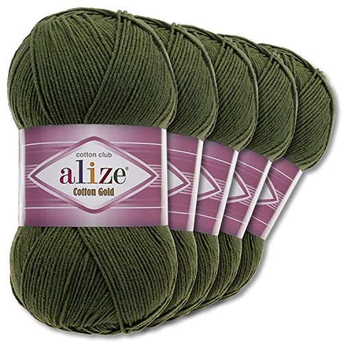 Wohnkult Alize 5 x 100 g Cotton Gold Premium Wolle| 39 Farben Sommerwolle Garn Stricken Amigurumi (29 | Khaki)