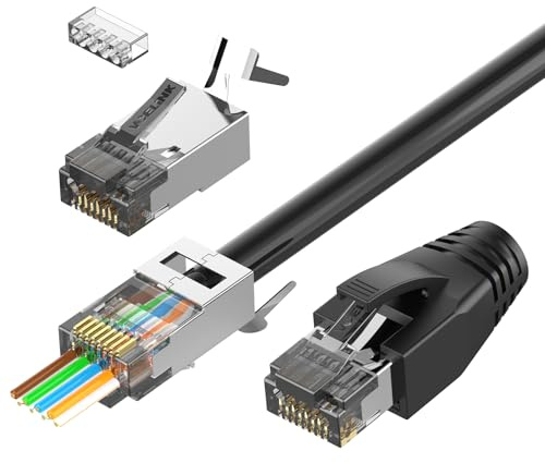VCELINK RJ45-kontakt Cat 7 Cat6A skärmad nätverkskontakt 8P8C Pass Through Lan-kontakt POE för installationskabel med gängningshjälp och knäckskydd, svart, 20 st | 8P8C CAT7/CAT6A POE 8P8C skärmade RJ45-kontakter med laststång och slitstarka stövlar