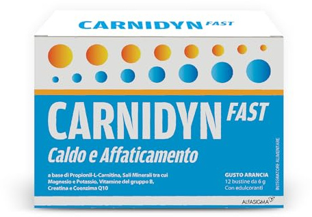 Carnidyn Fast Caldo e Affaticamento, Integratore Alimentare per Stanchezza Fisica, il Recupero del Tono Muscolare e il Reintegro Idrosalino, 12 Bustine da 6g, Gusto Arancia