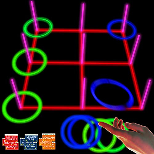 Ring Toss Games Glowing 3-IN-1 Tic Tac Toe Game Indoor/Outdoor Games for Adults and Family - Fun Camping, Backyard Toys, Carnival Games or Dorm Room Game, Sticker with Content blue,green,red,pink