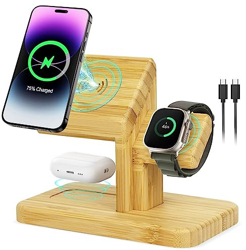 3 in 1 Magnetic Bamboo Wireless Charging Station for Apple Multiple Devices, Wood 3 in 1 Fast Charger Stand for iPhone 14ProMax/13/12, for Apple Watch7/6/5/4/3, AirpodsPro/3/2