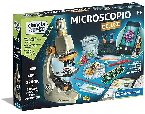 Clementoni - Microscopio Smart Deluxe da 1200x, giocattolo scientifico, con campioni preparati e cristalli scientifici, con supporto per cellulare, 8 anni, giocattolo in spagnolo(55511)