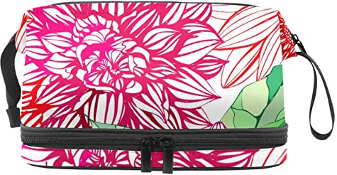 Trousse de maquillage de voyage multifonction avec poignée, grande capacité, motif floral dahlia coloré, multicolore, 27x15x14 cm/10.6x5.9x5.5 in