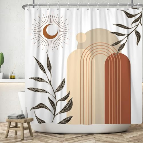 ASDCXZ Rideau de Douche Boho 180x200 cm, Style Boho Abstrait Moderne Feuilles Noires Marron Lune Beige Blanc Lavables en Textile Rideau de Bain imperméable pour Baignoire avec 12 Crochets
