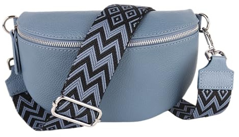 MIRROSI® Bauchtasche Damen, Echtleder, Made in Italy, Umhängetasche, Brusttasche, Crossbody Bag (1 Tasche & 2 Gurte) (Jeansblau (Bohemian Jeansblau Schwarz), Mittelgroße Tasche (25x16x7cm))