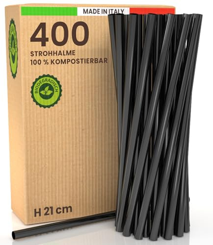 400 Pajitas 100% Ecológicas, Rigidas y Reutilizables - Cañitas 21cm x 6mm, Made in Italy, Biodegradables y Compostables - Ideales para Bebidas, Cócteles, Eventos y Fiestas - Color Negro
