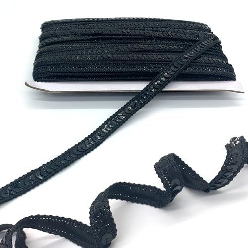 DHER 25 Meter langes Pailletten-Dekorband 12 mm Paillettenband | Glitzer Paillettenband Paillette Trim Bänder Pailetten Bordüre Stoff Paillettenbesatz, glitzerndes Paillettenband (Schwarz)