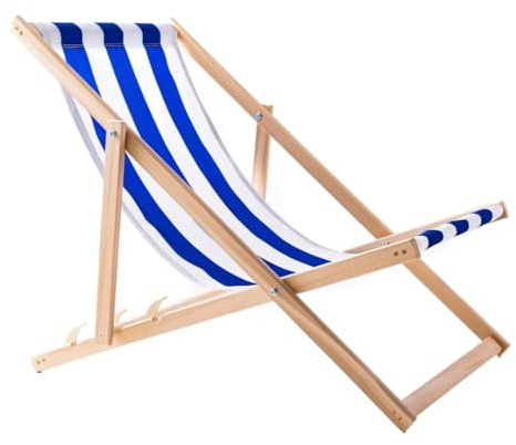 WOODOK Sedia a sdraio pieghevole in legno – Sedia da spiaggia in legno di faggio fino a 120 kg, senza bracciolo – Regolazione dello schienale a 3 livelli (blu/bianco)