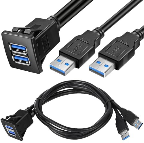 Xiatiaosann USB3.0 Square Panel Mount Cable, Dual USB 3.0 Male to Female AUX Flush Panel Mount Extension Cable with Buckle for Car, Boat or Motorcycle (3FT/1m)