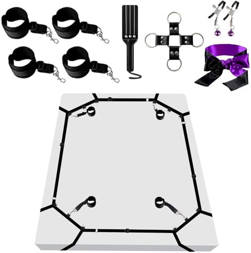 Bondage Set Bett Fesseln SM Sexspielzeug Extrem stabiles BDSM Fesselset mit Bettfesseln Handschellen Fußfesseln Augenbinde Sex Würfel Nippelklemmen Paddel Erotik Fetisch Rollenspiele für Paare