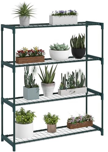 Outsunny Modern Plant Stand, 4-Tier Planter Holder with Steel Frame, Outdoor Flower Display Rack for Potted Plants Garden Balcony Décor, Dark Green
