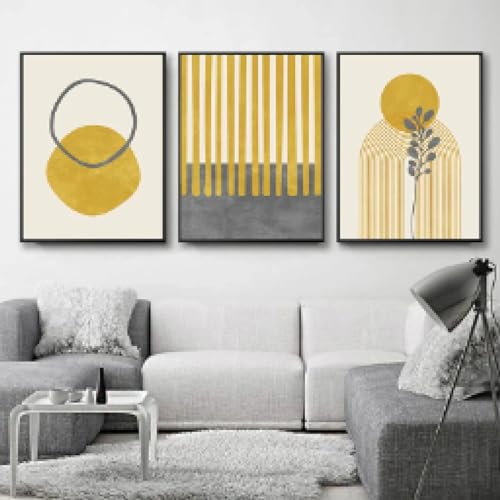Leinwandbild XXL Minimalistische abstrakte Malerei, Plakate und Drucke, Wandbild auf Leinwand, Senfgelb und Grau, Wandkunst, Leinwanddruck, 50 x 75 cm, 3 x 3, ohne Rahmen