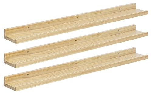 eSituro 3er Set Wandregal Holz, Hängeregal Schweberegal Bilderleiste, Wanddeko für Wohnzimmer Schlafzimmer Küche Badezimmer, 10 kg Belastbarkeit, natürliche Holzfarbe, B80xH4xT10 cm, SWS0378-3 | für Wohnzimmer Schlafzimmer Küche Badezimmer, Schweberegal hängend, mit unsichtbarer Halterung