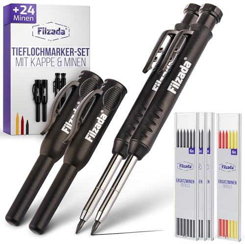 Filzada® 2x Tieflochmarker + 24 Extraminen 3 Farben - Zimmermannsbleistifte | Bohrlochmarker, Bleistift Baustelle, Markierstift - integrierter Spitzer & Gürtelclip - für Holz, Metall, Fliesen