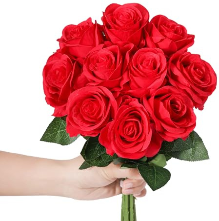 10 Stück Künstliche Rosen Fake Seidenrose für Hochzeits und Heim Dekor | Rot Stiel Realistische Rosen 54cm Schaumrosen für DIY Bastelblumen Hochzeits Brautsträuße, Arrangements Dekor