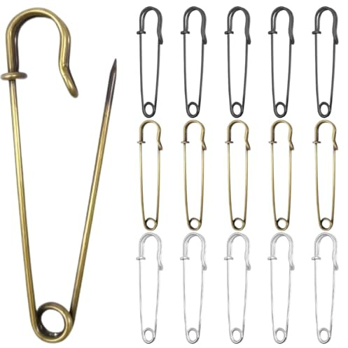 BIVBWQU 15 Stück 10 cm große Sicherheitsnadeln, Silberweiß, Gun Black, Bronze, Metall, für Kleidung, Lederdecken, Röcke, Kilts, Steppdecken, Decken, Handtücher, Matratzen