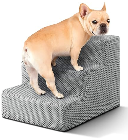 The Fellie Dog Steps for Sofa/Bed, Dog Stairs with 30D High Density Foam, 3-Steps Pet Steps with Washable Fabric Cover, Soft & Anti-Slip Dog Steps for Small Older Injured Dogs and Cats, Grey