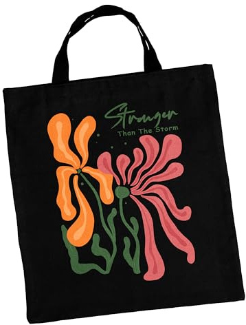 True Statements Baumwolltasche mit Boho-Design - Stofftasche mit Spruch, Einkaufstasche mit Blumen-Motiv „Stronger than the storm“ - Schwarz, 38x42 cm, 100% Baumwolle, kurzer Henkel