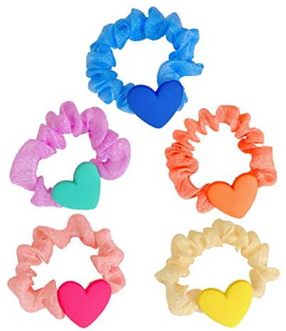 Mikinona 5 Coleteros Elásticos Forma de Corazón Cabello de Niñas, Accesorios Pelo Tela y Resina, Elásticos Flexibles para Uso Diario y Ceremonias