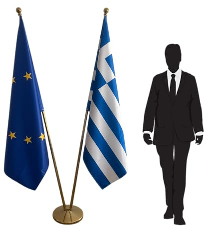 Drapeau Grèce et Union Européenne avec pied et mâts – ensemble protocolaire et diplomatique pour administrations publiques, universités, conférences internationales et cérémonies. Code CN8-EU-GR