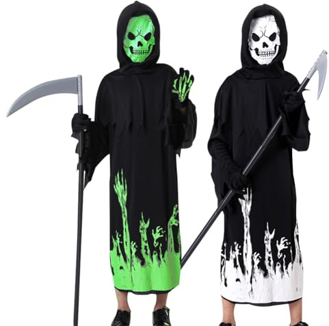 WFKKMEQ Grim Reaper Costume, Halloween Glow in the Dark Grim Reaper Costume, Scary Kids Outfit Set, Death Party Cosplay for Adolescent, Grim Reaper Cloak, Gloves, Sickle Cosplay - XL/140