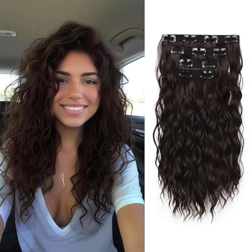 XFSRG 4PCs Clip in Extensions Wellige Clip in Haarverlängerungen Natürliches Synthetik Gewellt Haarteil Haarextension für Damen 35 cm (Dunkelbraun)