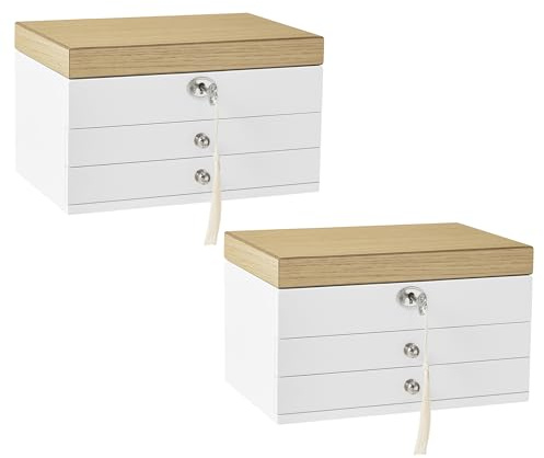 SONGMICS Schmuckkästchen 2er Set, 3 Ebenen, Schmuckkasten, Schmuckschatulle, großer Spiegel, 2 Schubladen, abschließbar, Geschenkidee, für Schmuckstücke, weiß-holzfarben JOW15WNV1