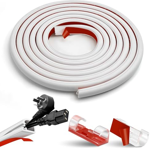 Flexibler Kabelkanal Weiß 3m Selbstklebend mit 10 Kabelklemmen, Mini Silikon Kabelschacht Halbrund Kabelabdeckung zum Kabel Verstecken an Wand, Boden, Decke & Fußleisten, Kabelkanäle für TV & Büro